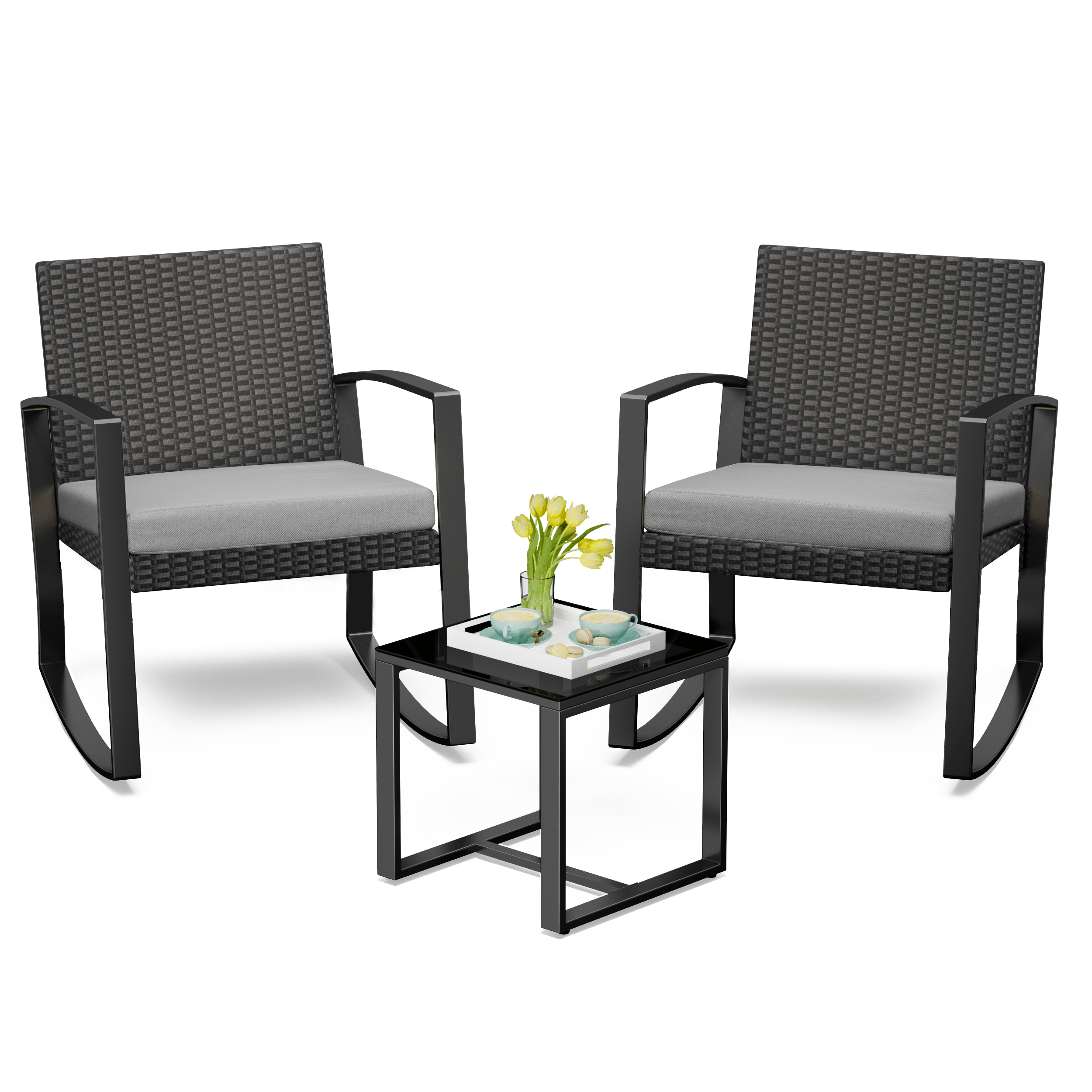 3pcs Garden Set Made Of Pe Rattan With Table And 2 Upholstered Armchairs For Garden, Terrace & Balcony