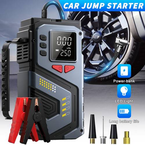 car jump starter tyre inflator 150psi winter emergency kit for all petrol cars portable tyre inflator with led light 12v power bank for phone charging emergency battery booster for petrol engines essential for travel camping winter driving must have travel gift