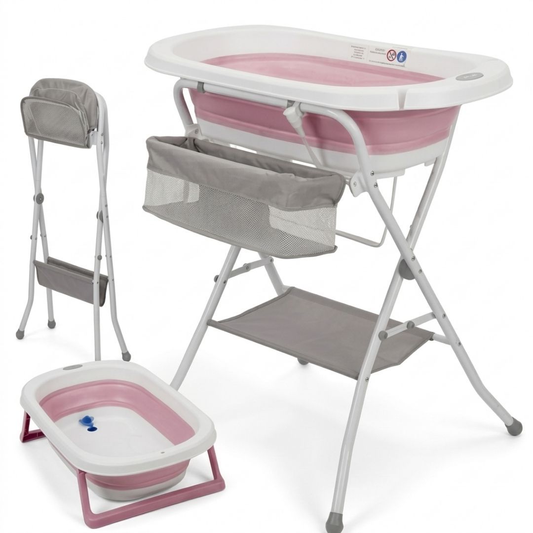 TEMU BATHBY | Bañera Plegable para Bebé con Cojín Reductor | Uso con o sin Soporte | Patas Antideslizantes | Tubo de Desagüe | Cesta y Red