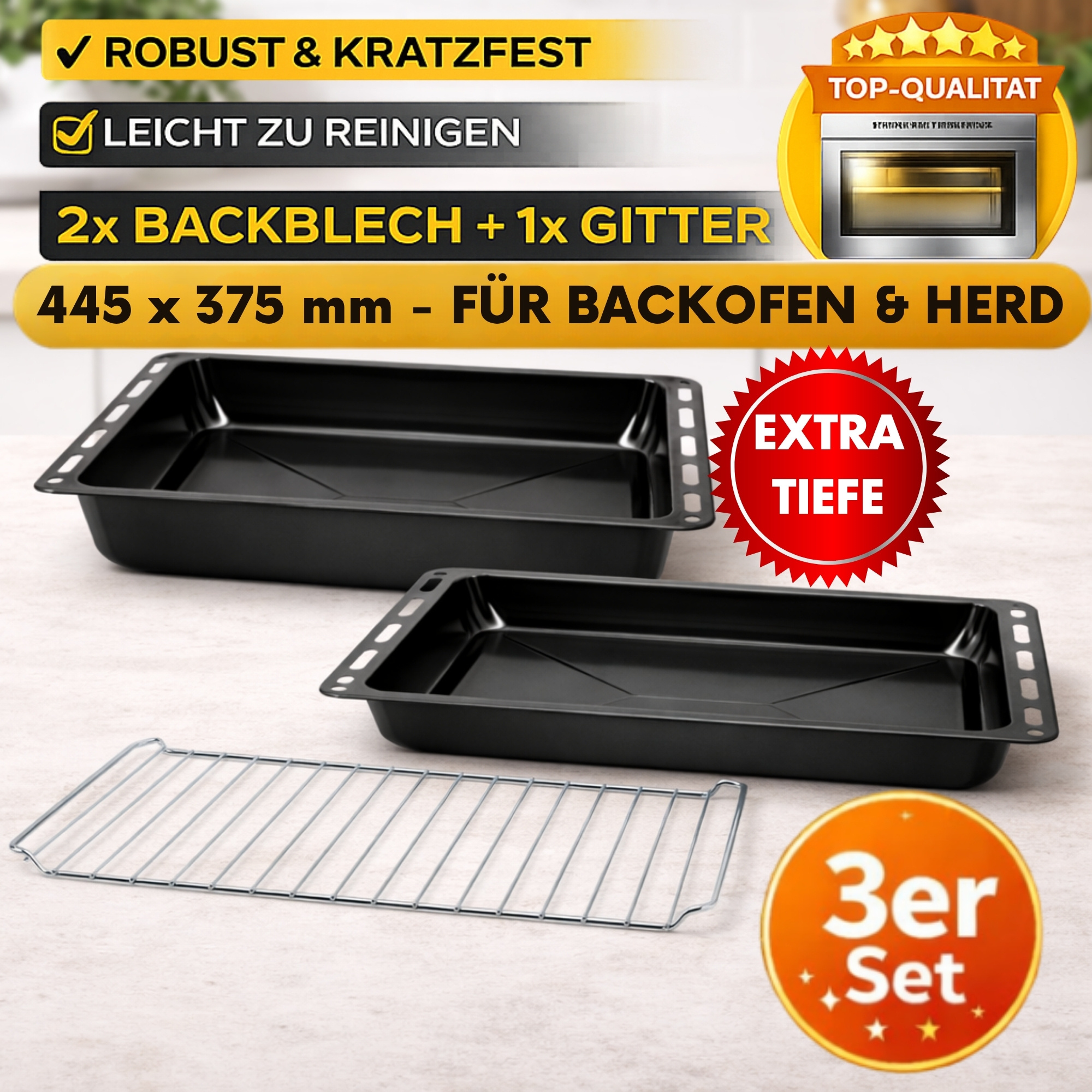 Image of Baking Sheet With Rack Set 445 X 375 X 25 And 50 Mm – Enameled Oven Tray, Heat Resistant, Easy To Clean, Deep Baking Sheet For Daily Use