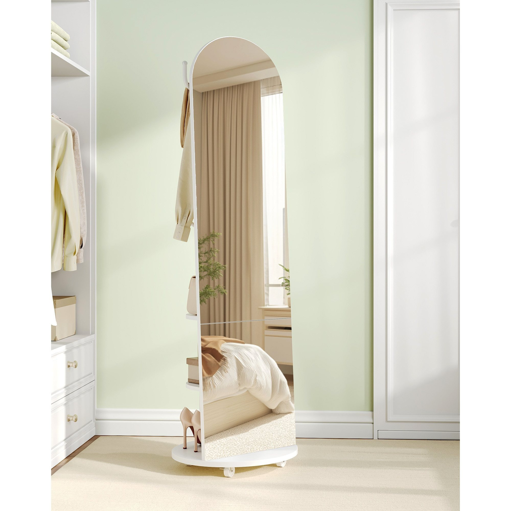 TEMU Full Length Mirror, 360° Rotating Floor Mirror With Wheels, 165 X , Standing Mirror With Coat Rack, With Shelves And Hooks For Bedroom, Living