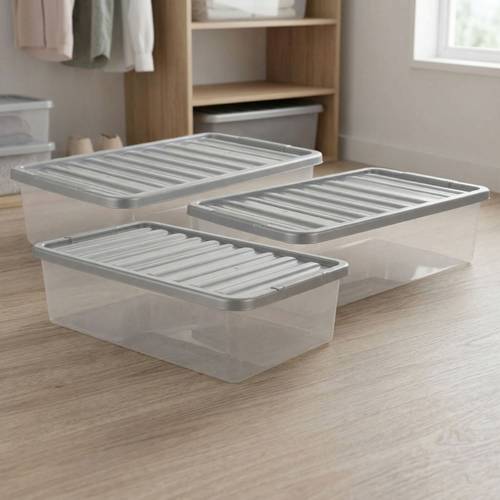 pack of 3 underbed 32 litre plastic home office storage container set with silver lids