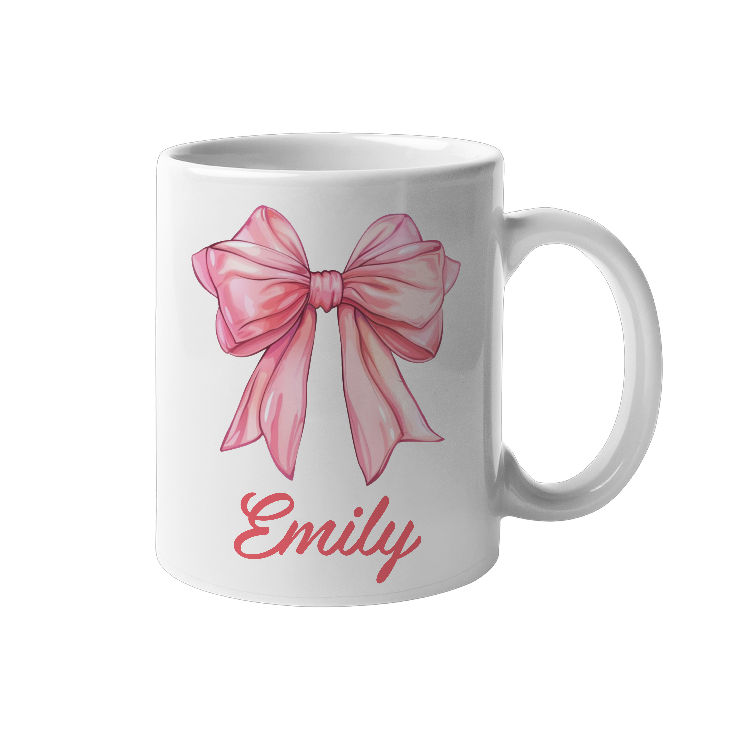 TEMU Personalised Pink Ribbon Bow Mug 11oz Custom Name Coquette Aesthetic Coffee Cup For Girls Women Delicate Watercolor Ribbon Design White Ceramic