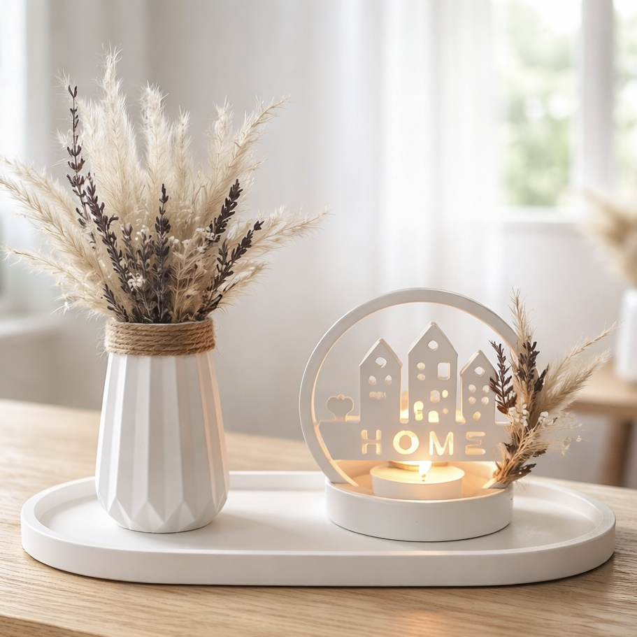 Handmade Scandinavian Decorative Table Set "home" I Decorative Vase And Candle Holder I Boho Style For Living Room, Kitchen & Hallway I With Dried Flowers