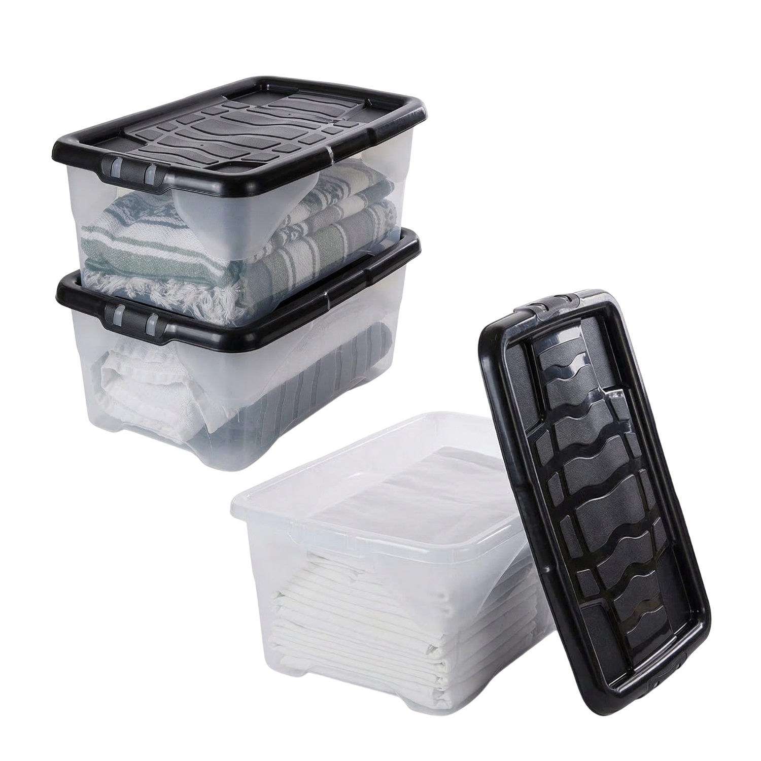 Pack of 2 Clear Plastic Stackable Storage Boxes, 30 Litre
