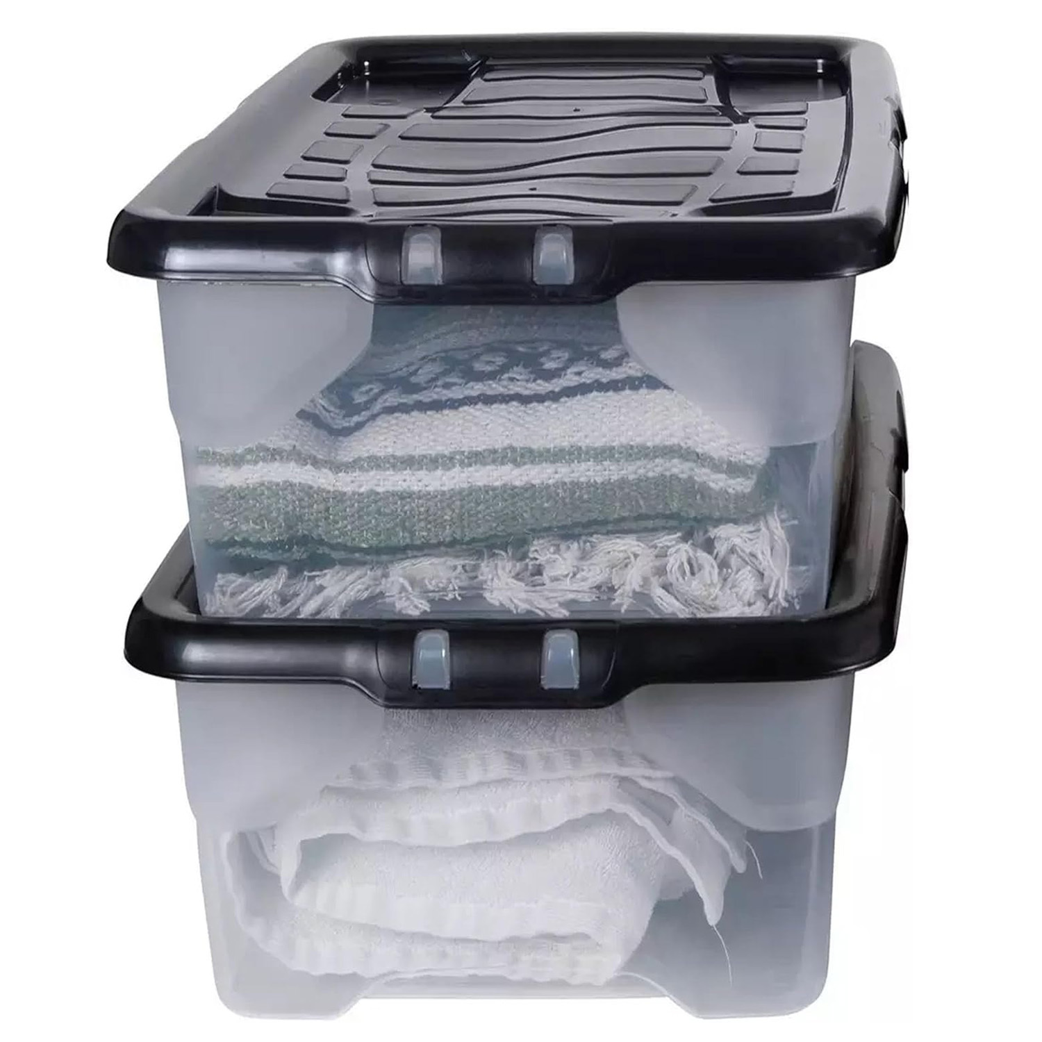 Pack of 2 Clear Plastic Stackable Storage Boxes, 30 Litre