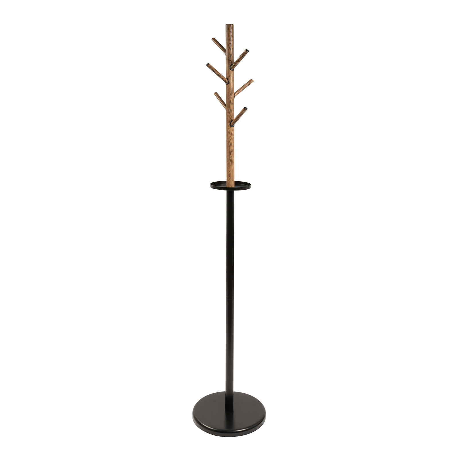 Image of Karat Black Wood-look & Rack, Sturdy & With 6 Hooks, Round Base & Storage Shelf, Wardrobe Stand For Clothes, Coats & Hats, Bag Stand For Hallway, Height 174cm, Ø 28.5cm, William