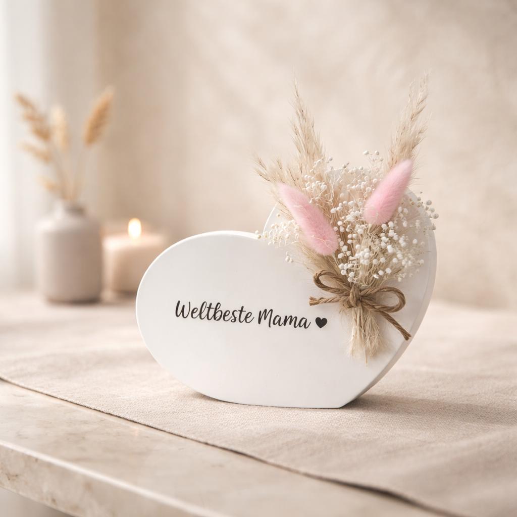 Handmade Ceramic Heart With Dried Flower Bouquet, Pampas Grass And Lagurus, And "world's "