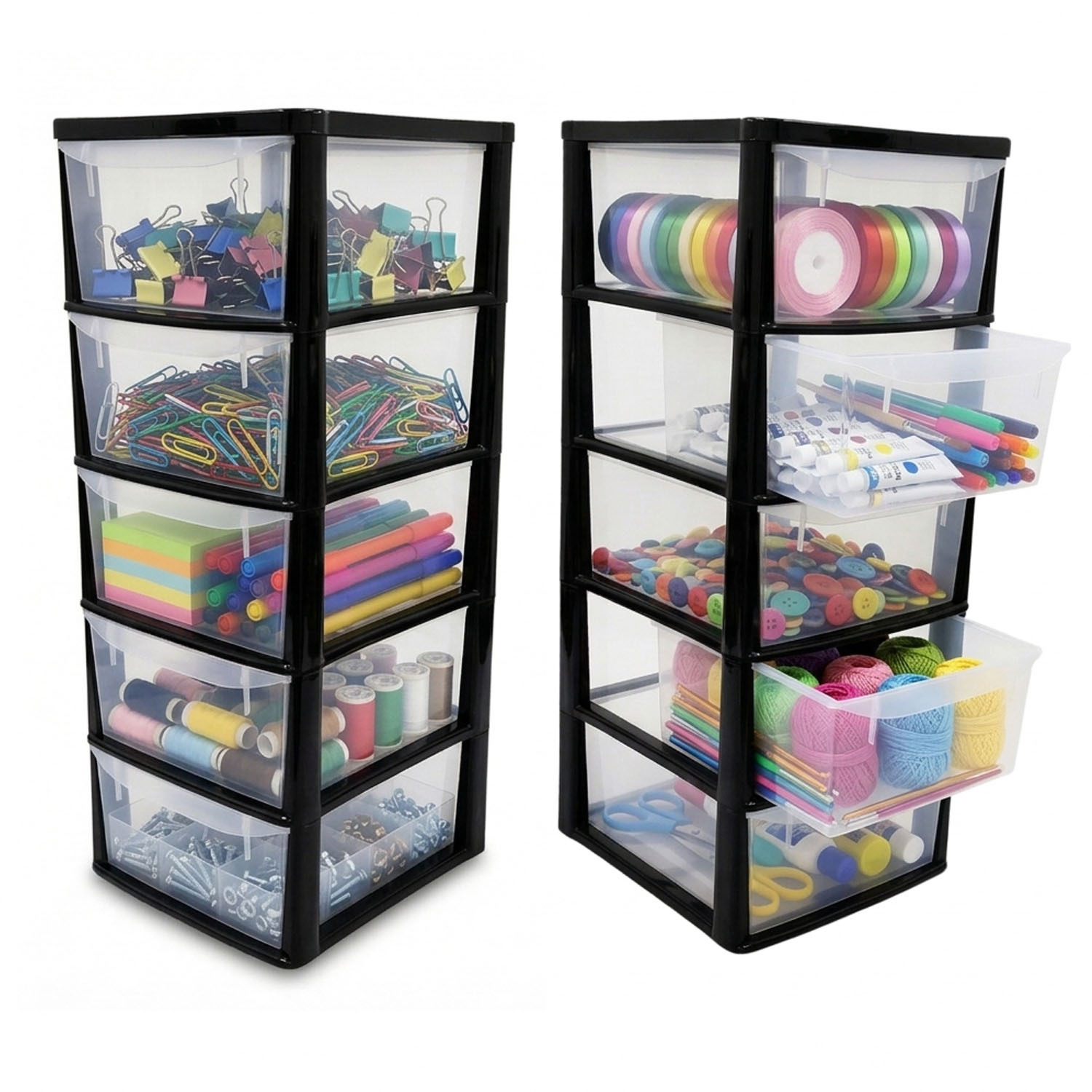 5 drawer black tall large storage tower unit for home office schools complete with clear drawers