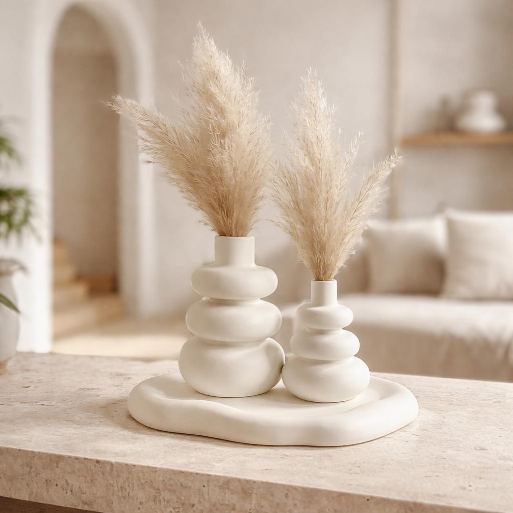 3-piece Handcrafted Ceramic Decor Set: 2 Beige Vases & 1 Matching Tray In Minimalist - Design Matte With Pampas Grass - Modern Boho Living Room Decor
