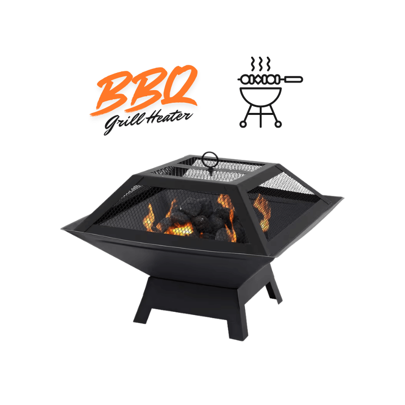 TEMU Square Fire Pit With Bbq Grill Heater Outdoor Garden Black Barbeque Metal Brazier Patio Decor Firepit Stove Portable Heat Mesh Cover For Camping