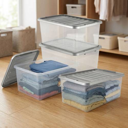 pack of 4 underbed 32 litre plastic home office storage container set with silver lids