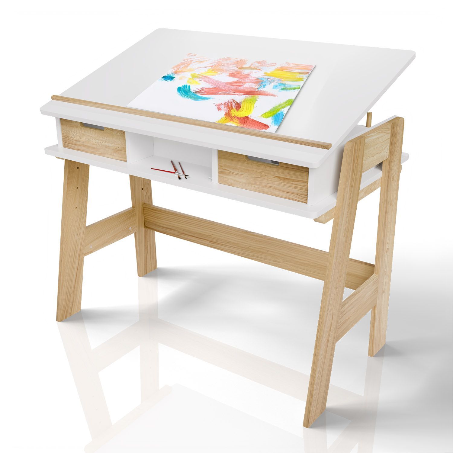 Children's Desk - Height-adjustable Wooden Kids' Desk With 2 Drawers And Storage Space - White Study Table