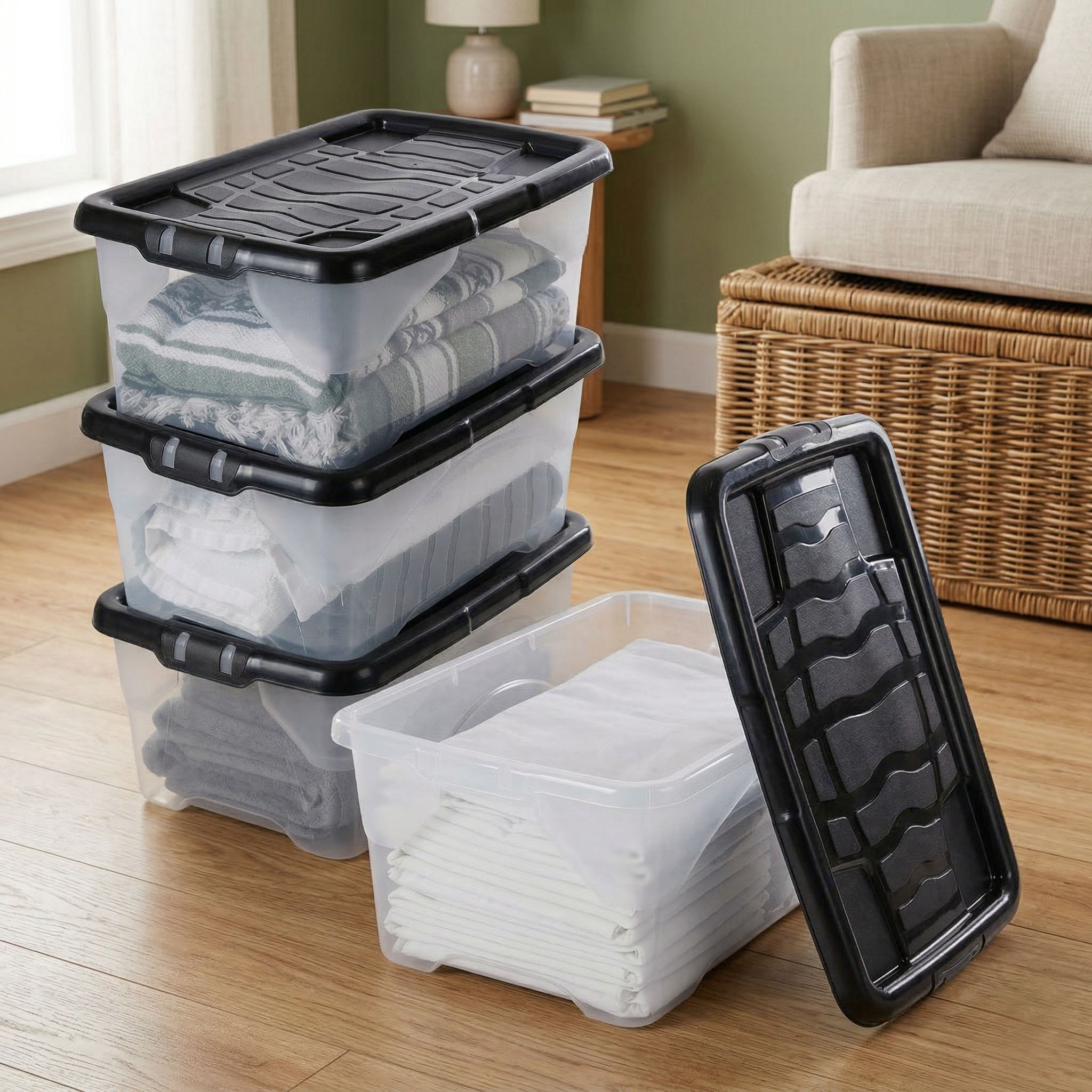 TEMU 30 Litre Pack Of 2 Underbed Clear Plastic Stackable Space Saving Storage Boxes With Black Lids