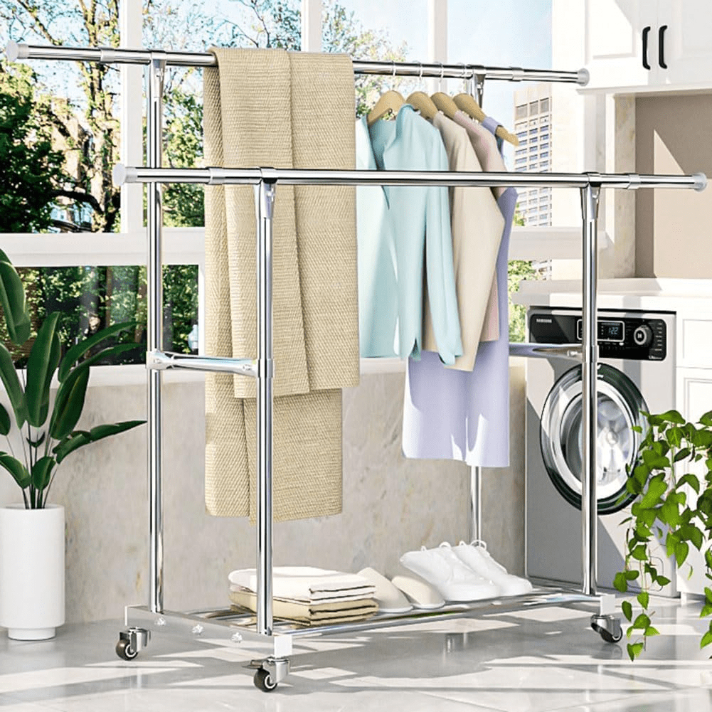 Skandiva24 Rolling Clothes Rack – 160 X 42 X 162 Cm Stainless Steel With 2 Extendable Rods, 4 Wheels