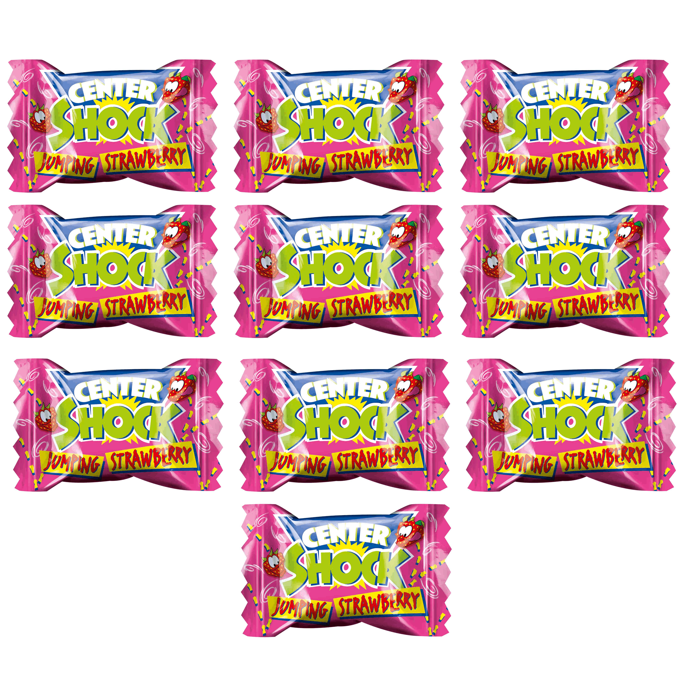 Center Shock Jumping Strawberry - 10 Individually Wrapped, Extra Sour And Filled Chewing Gums With Strawberry Flavor