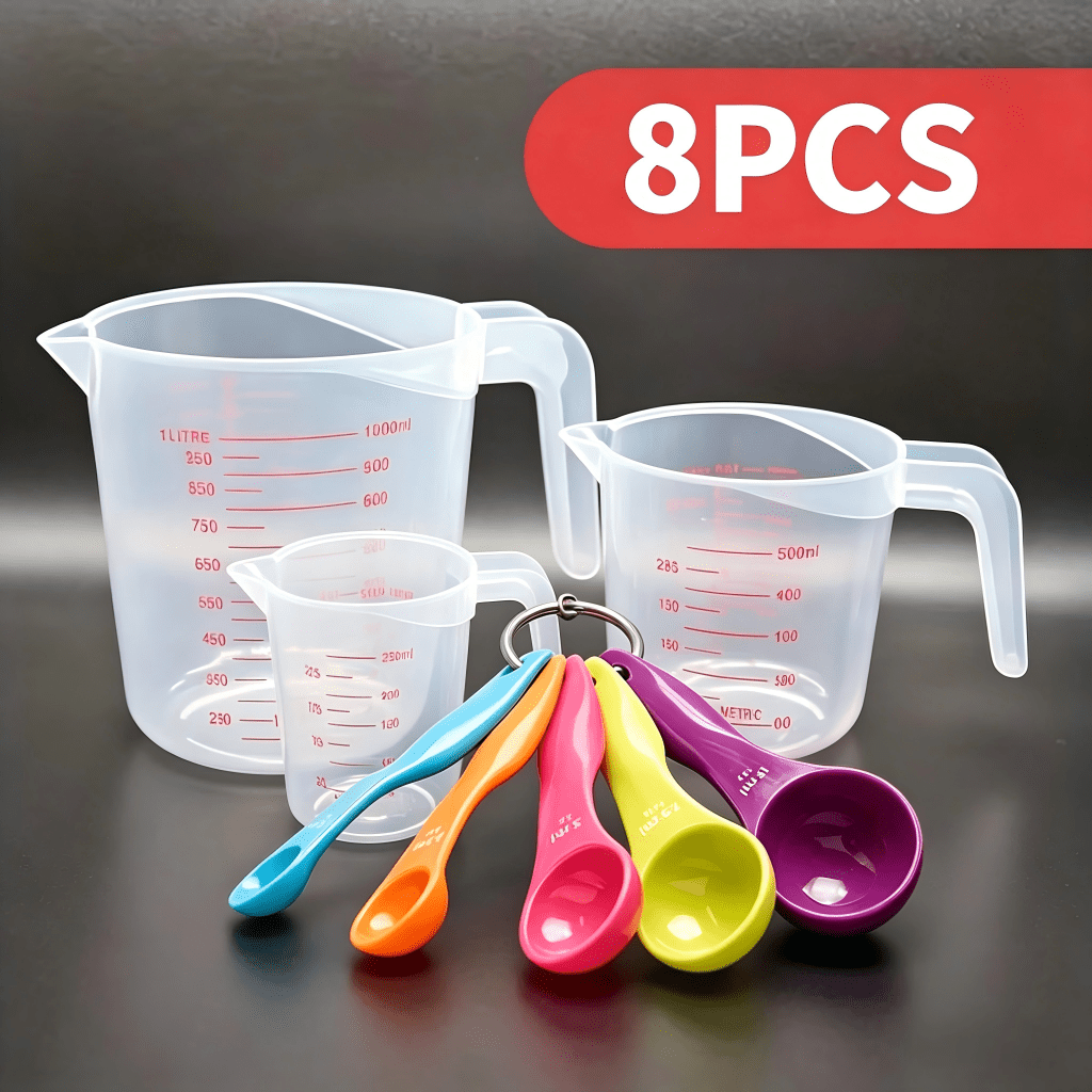 TEMU 8pcs Nesting Measuring Cups And Spoons Set, Plastic Kitchen Tools – 3 Graduated Cups (250ml/500ml/1000ml) + 5 Measuring Spoons