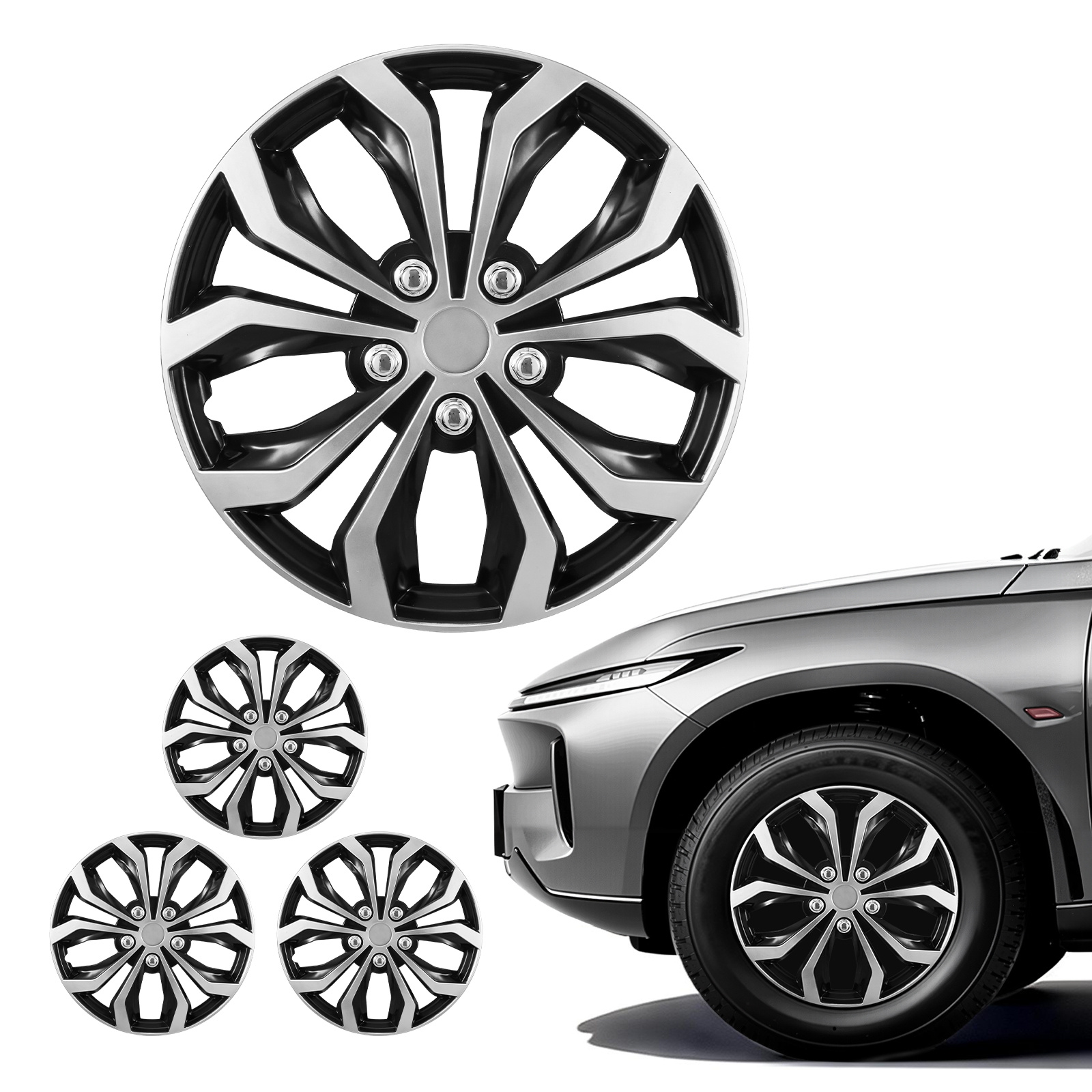 Vevor Hubcaps Wheel Covers, 16 Inch Set Of 4 Wheel Rim Cover Hubcaps Oem Replacement, R16 Size Car Caps, Universal 10-spoke Abs Tire Rim Caps For Ford , Silver/black