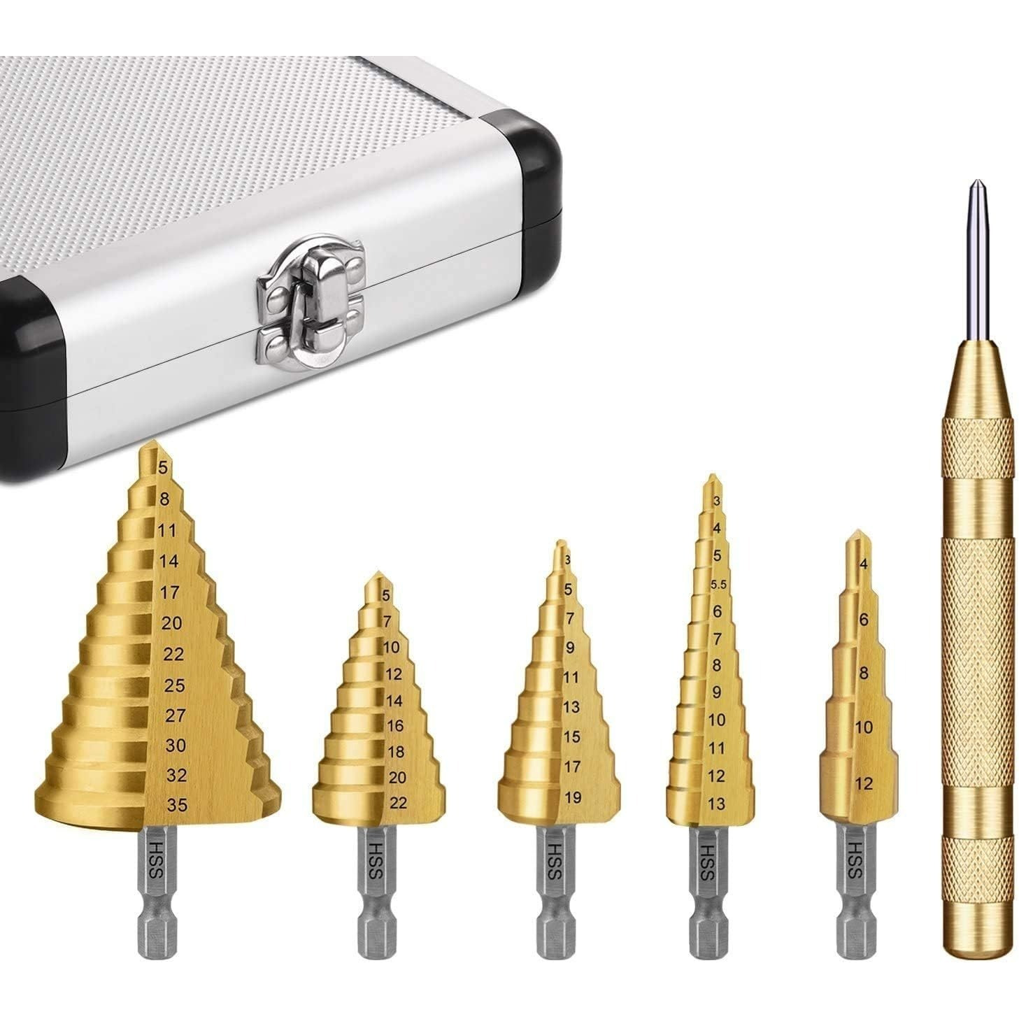 TEMU 6pcs Titanium Hss Step Drill Bit Set Including Automatic Center Punch, High , Total 50 Sizes, Double Cutting Design With Aluminum Case