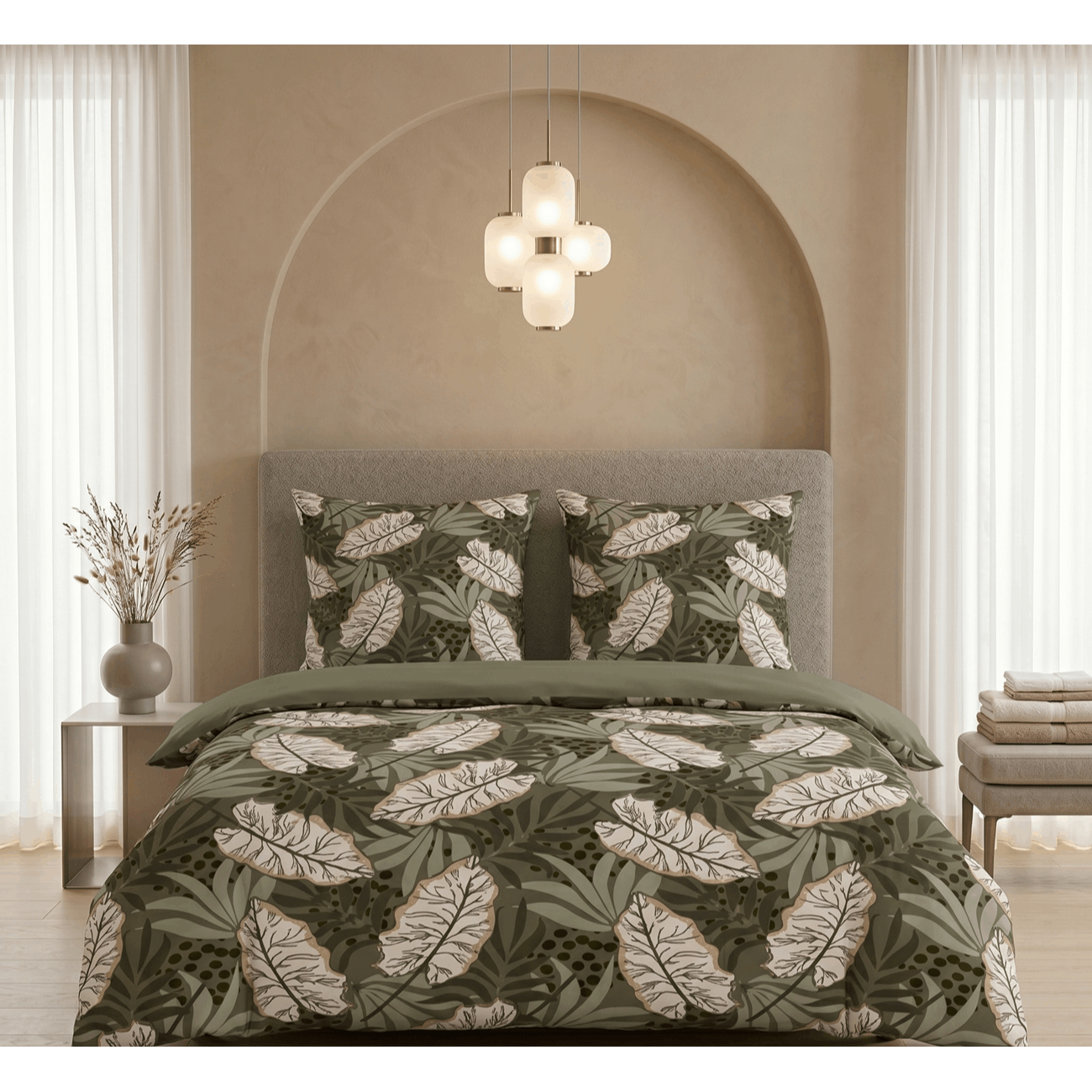 - - Brand Bed Linen Castellreinforced Bed Linen 0400907 Titanium Tropical Leaves