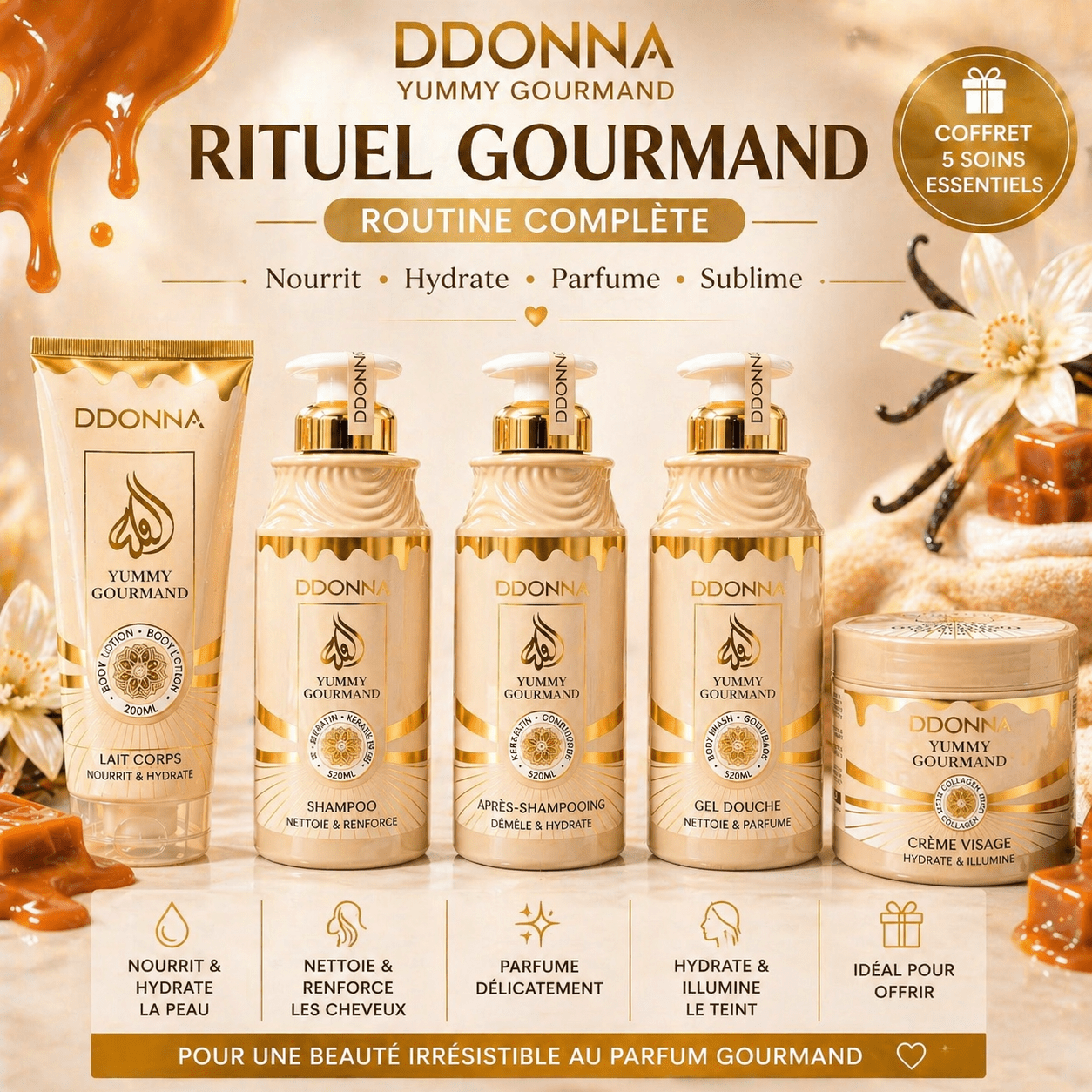 TEMU Coffret Beauté 5 Pièces Routine Complète Soin Corps et Cheveux Parfum Gourmand Hydratant Shampooing Après Shampooing Gel Douche Lait Corps Crème