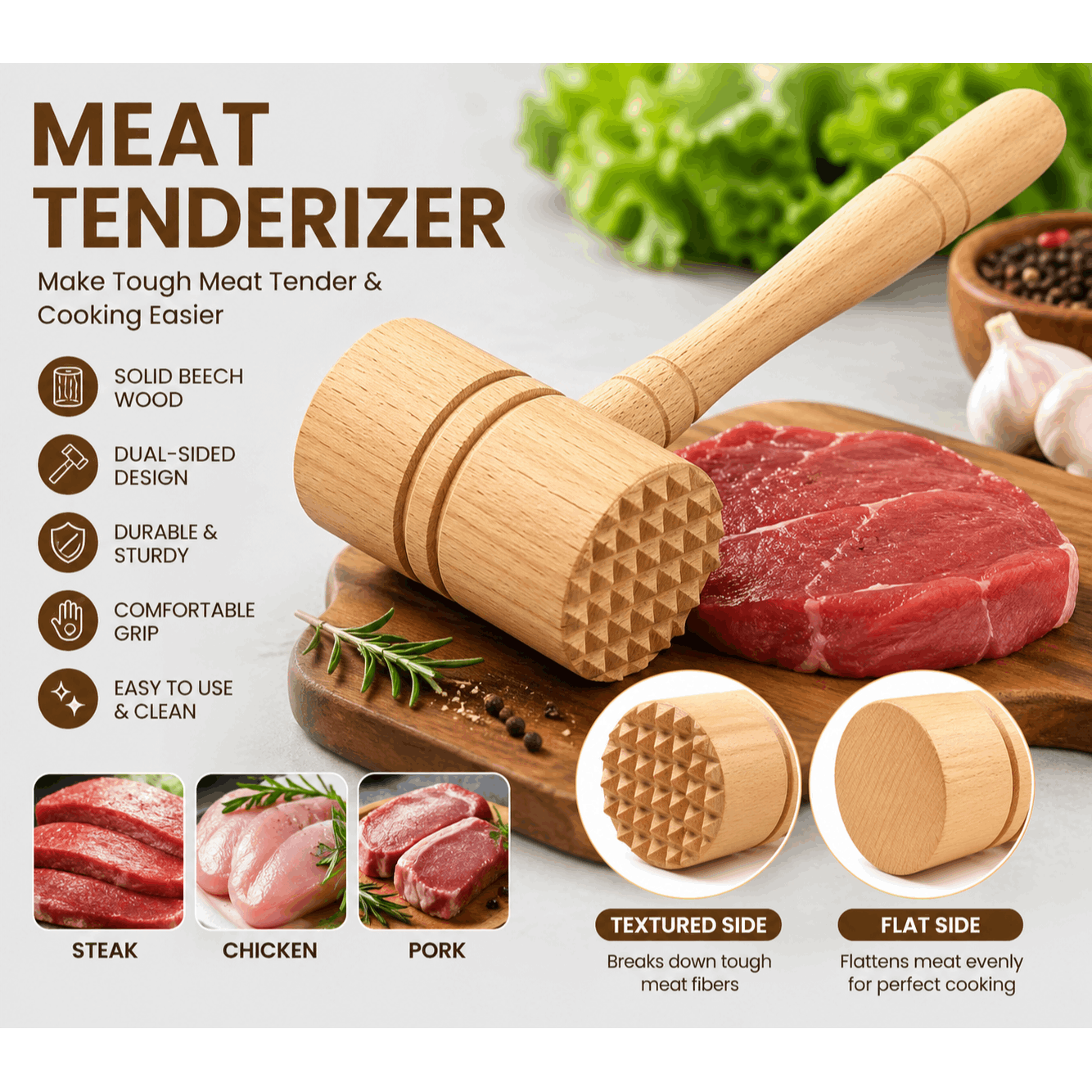 TEMU Wood Meat Tenderizer Hammer Dual-sided Steak Tenderizer Tool For Chicken, Pork And Kitchen Cooking Use