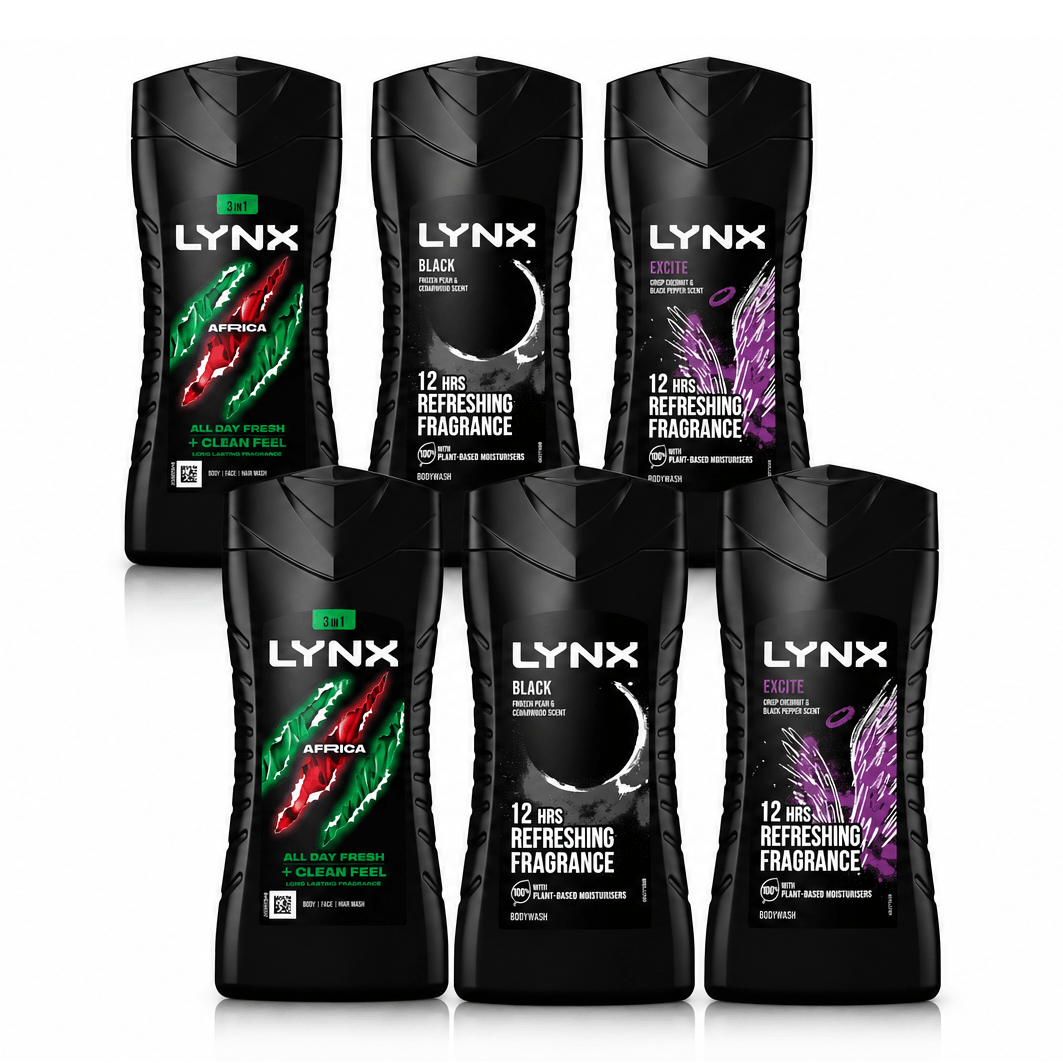 TEMU Lynx 3 In Wash Mixed Pack (africa, Black, ) 225ml – Pack Of 6 | All , Hair Face Body Wash For Men