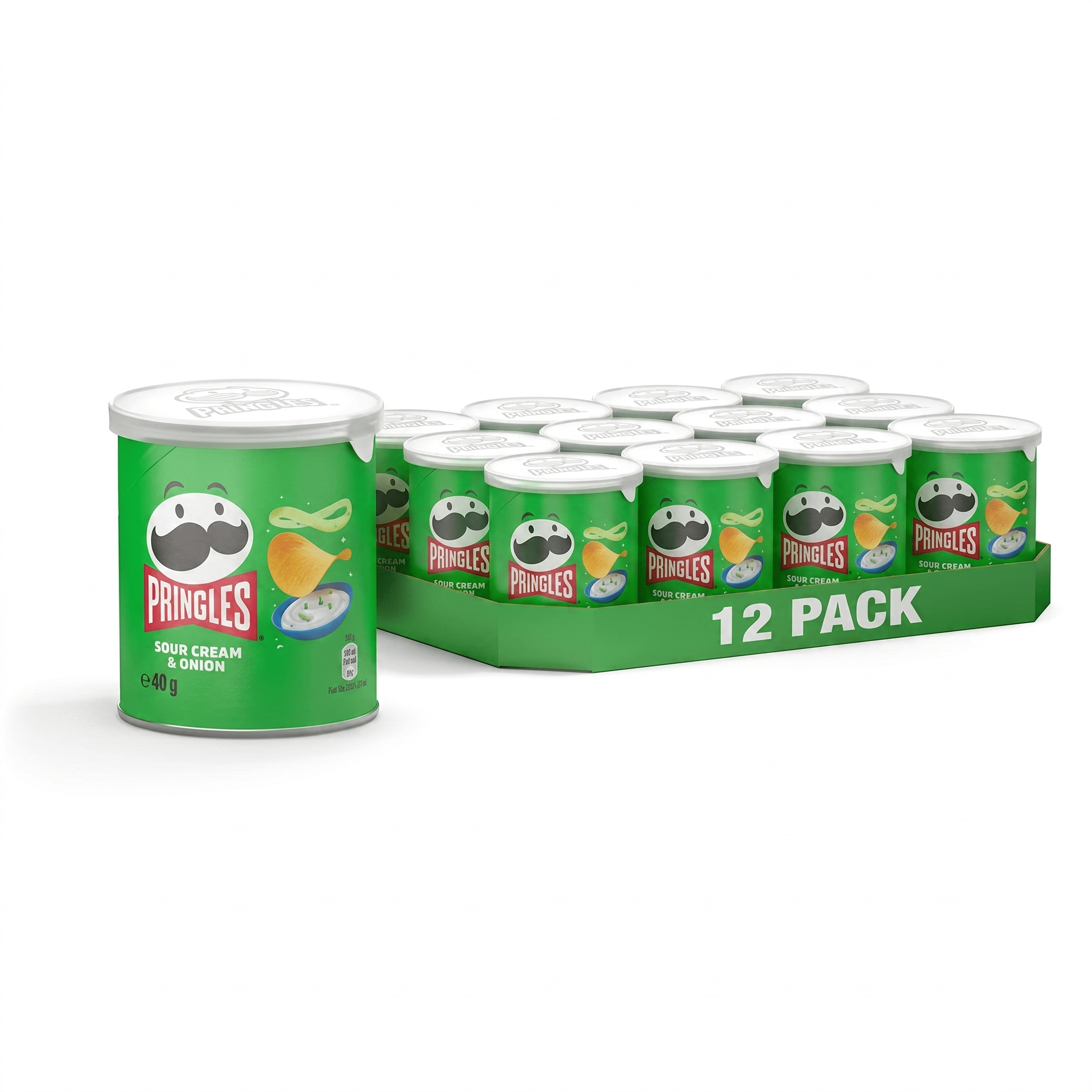 Pringles Sour Cream & Onion Chips | 12-pack (12 X 40 G) | Spicy-creamy Snacking Fun In Convenient Portion Size