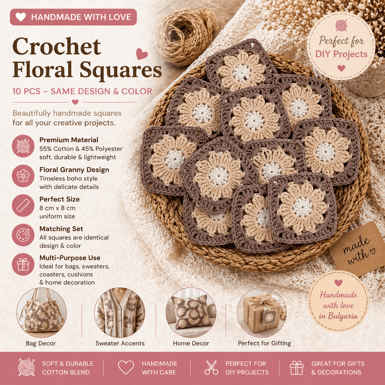 Image of 10pcs Crochet Floral Squares – Handmade Boho Granny Squares (8cm) | Cotton Blend Appliques For Bags, Sweaters, Coasters & Diy Decor