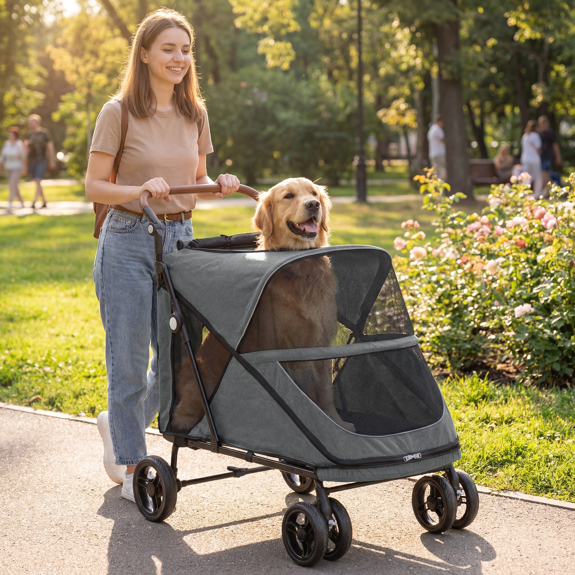 Image of Foldable Dog Stroller Buggy For Large And Medium Dogs Up To 30 Kg, Large Dog Trolley With 4 Swivel Wheels, Mesh Window, Cushion, Adjustable Handle, Cat Stroller With Safety Leashes, Dual Brakes