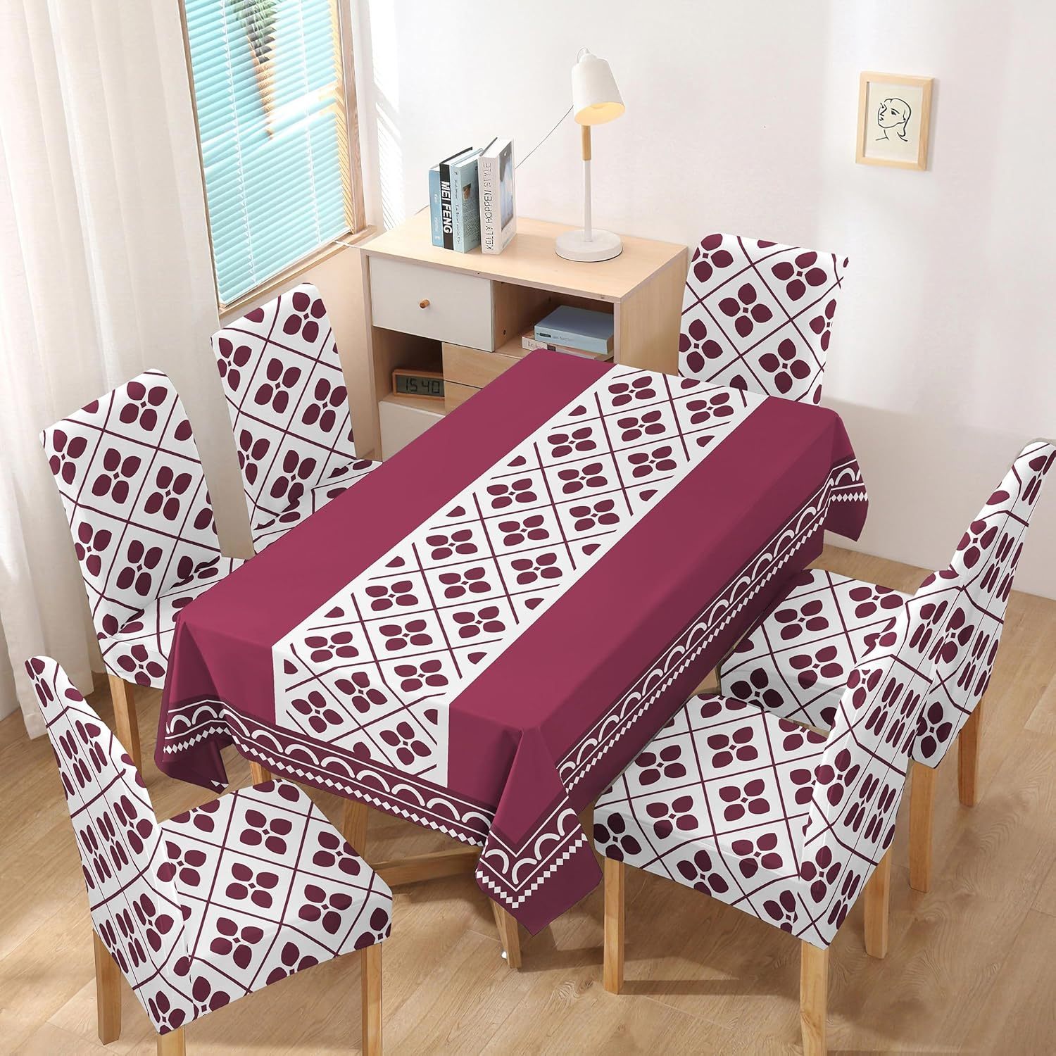TEMU OsoNube - Juego de y de Silla, Mantel de Mesa Rectangulo 140 x 220, 6 Fundas para Silla con Elastico, 100% Poliester, Estampado Moderno.