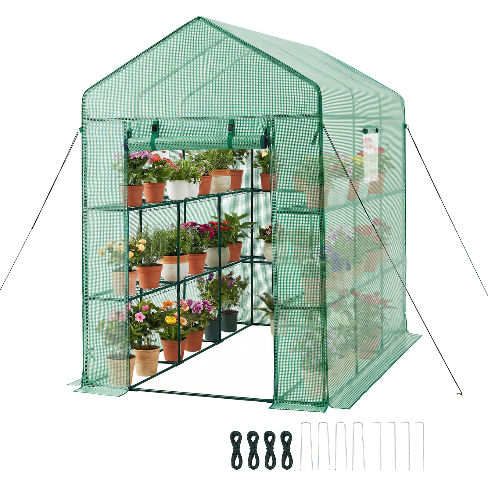 TEMU Vevor Walk-in Greenhouse, 54" X 81.1" X 77.2" Greenhouse For Outdoors With Windows, Pe Cover, 2 Tiers 14 Shelves, Roll-up Zipper Door, Walk