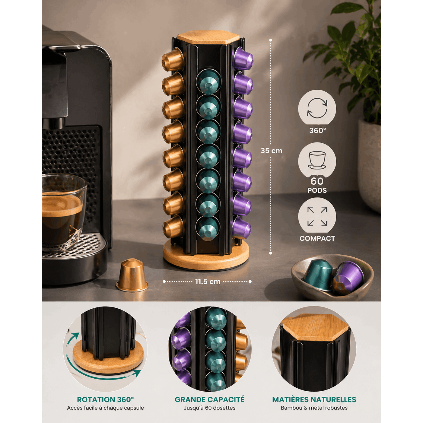 Rotating Espresso Capsule Holder In Bamboo And Black Metal, 60-capsule Capacity