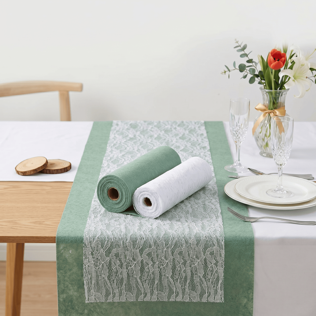 E-shop 2er Set Tischläufer Rollen: 15cm x 22m weißer Spitzen-Tischläufer + 30cm x 25m grüner Dekorations-Tischläufer in Eukalyptusoptik – Tischdeko für