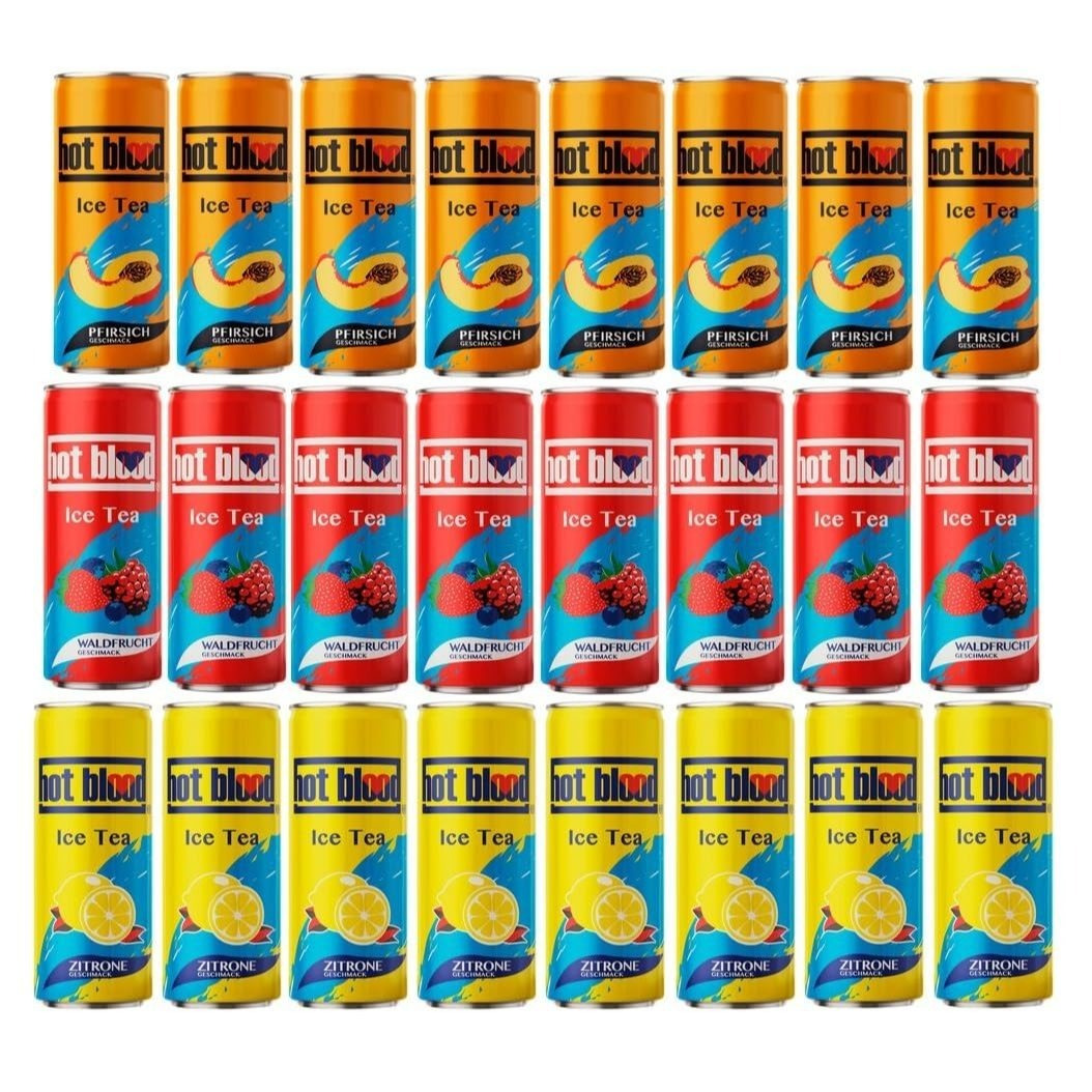 Image of 24-pack Hot Blood Iced Tea Mix With 3 Flavors (8x Peach, 8x Lemon, 8x Wild Berry) At 0.33 L, Includes Disposable Deposit