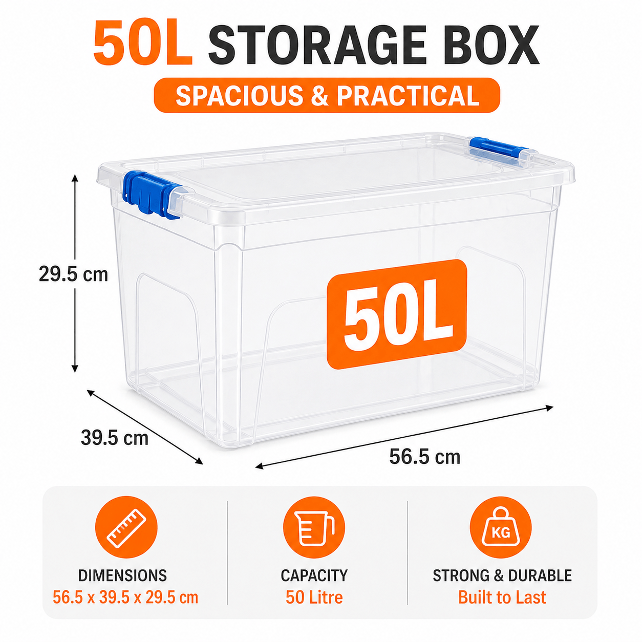 3 x 50L Plastic Storage Boxes with Lids & Clips