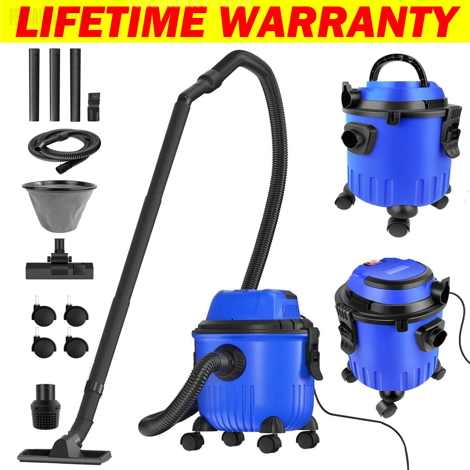 15l Wet And Dry Vacuum Cleaner With 4 Caster Wheels, Filter, Nozzle, Flexible Hose And Acessories, Suction Dust Extractor, Professional Electric Wet Dry Vac Washable Filters For Home Garage Car