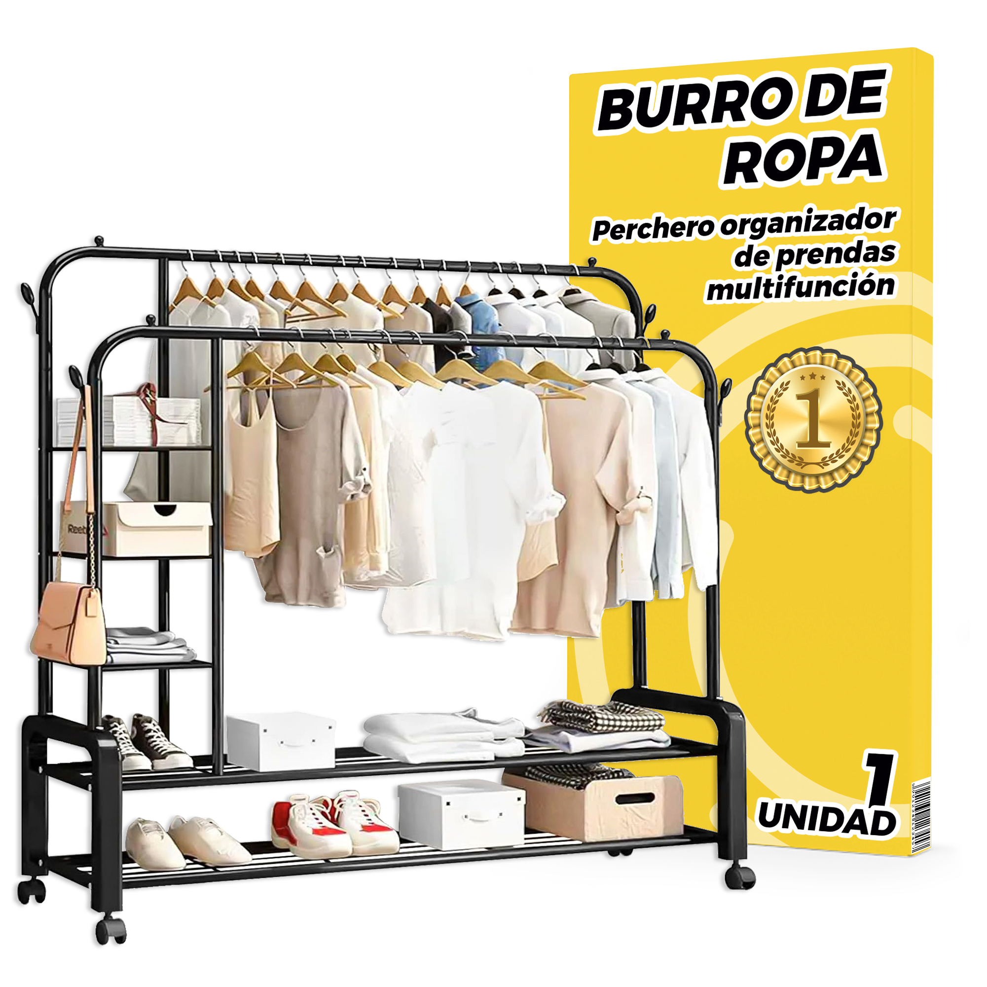 TEMU Burro Ropa - Burro Ropa Resistente - Burros Percheros con Ruedas - Fácil de Con Barra, Estantes, Zapatero y Ganchos para Accesorios - 162x150x50