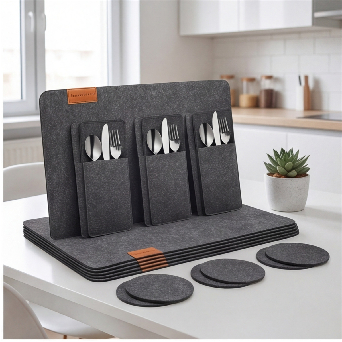 18-piece Felt Placemat Set In Dark Grey - 6 Placemats, 6 Utensil Holders, 6 Coasters For Modern Dining Table Party Accessory Set