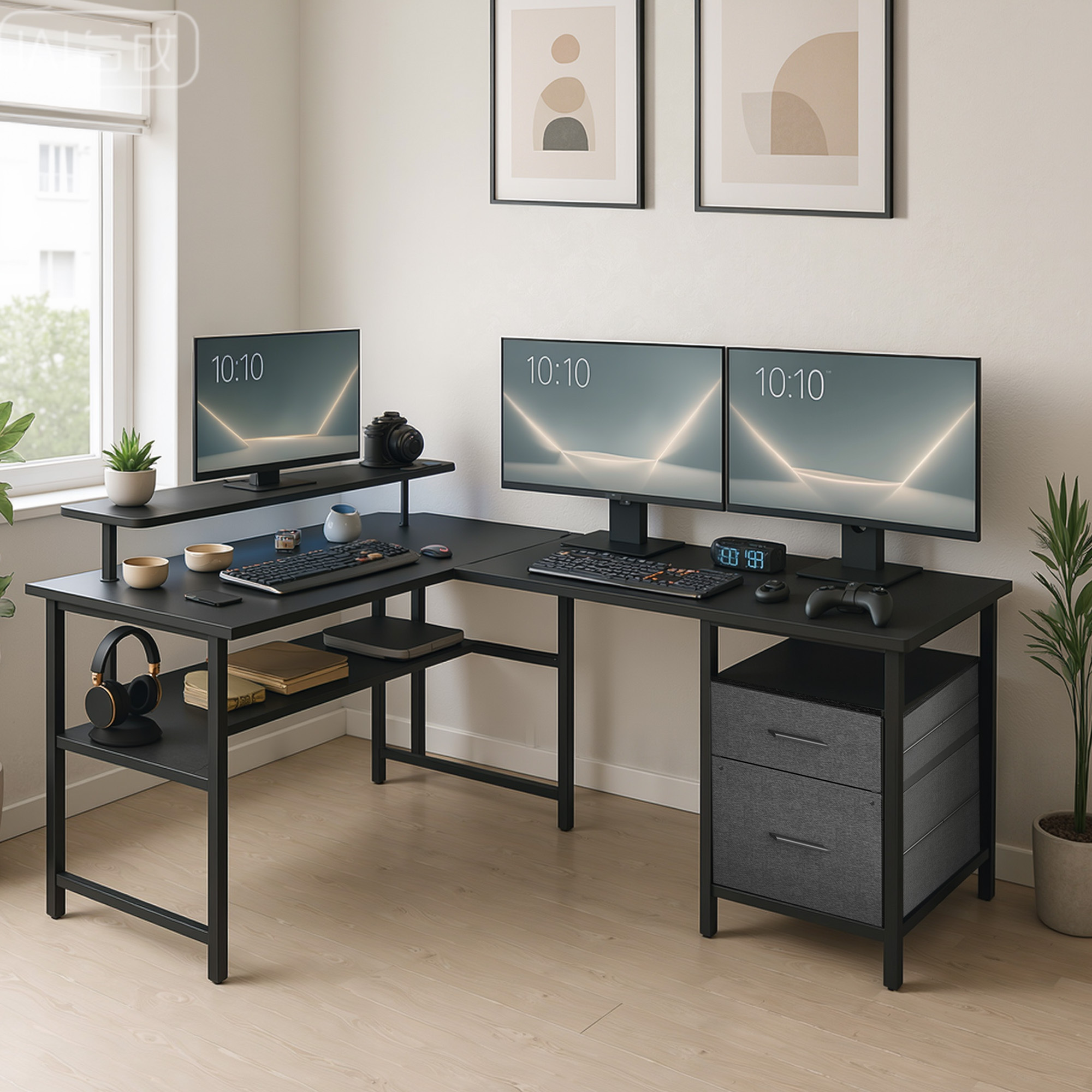 E-shop L-förmiger Schreibtisch mit Steckdosen, Eckschreibtisch, Computertisch, Monitorständer, Gaming-Tisch, USB-Anschlüsse, 150 x 120 x 76 cm,