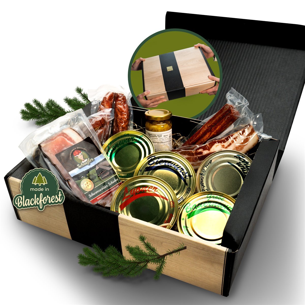 Image of Canned Sausages And More - Great Gift Basket With Cans,, Landjäger, Farmhouse Sausages, And Mustard