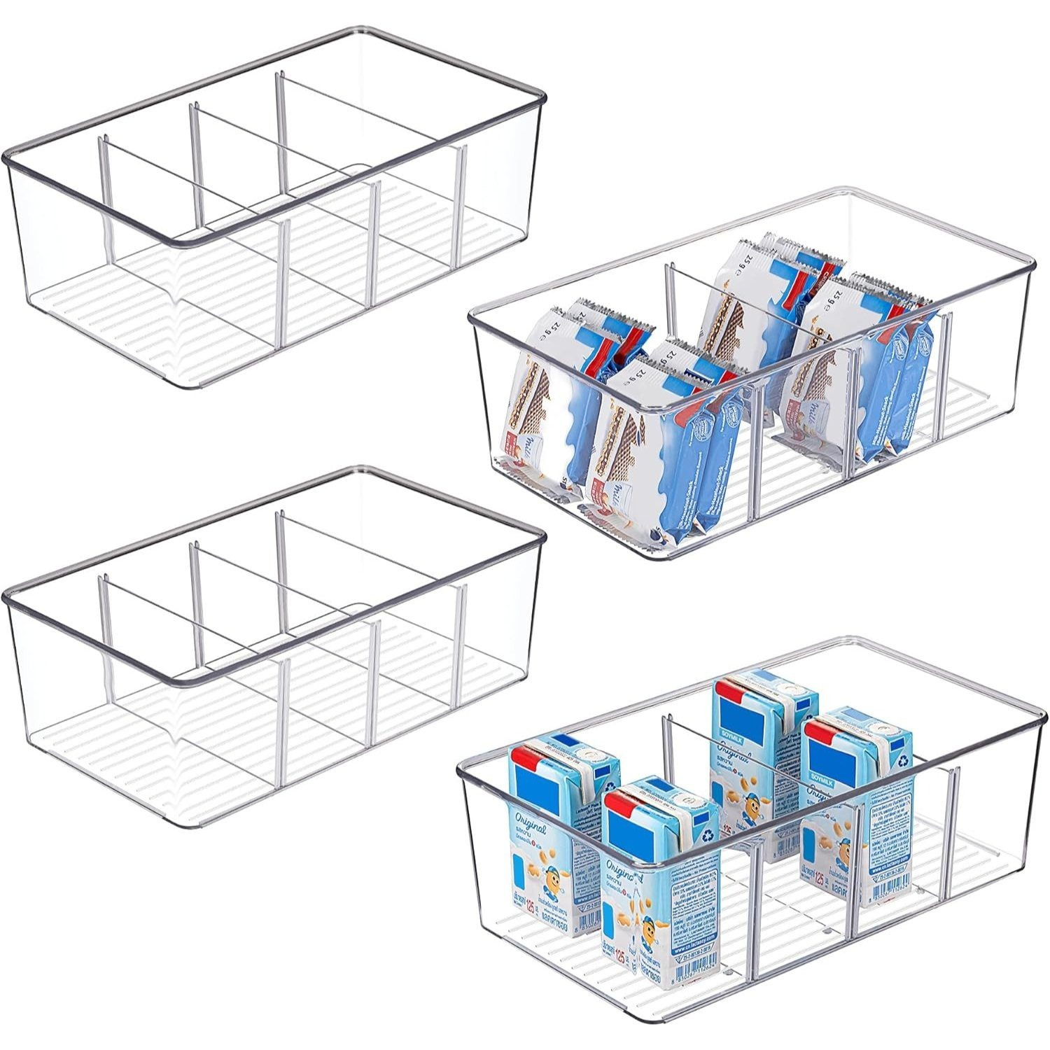 Refrigerator Organizer 4-piece Set – Kitchen Organizer With Removable Dividers, Stackable Transparent Storage Boxes, Tea Bag Organizer, Cabinet & Pantry Organization System