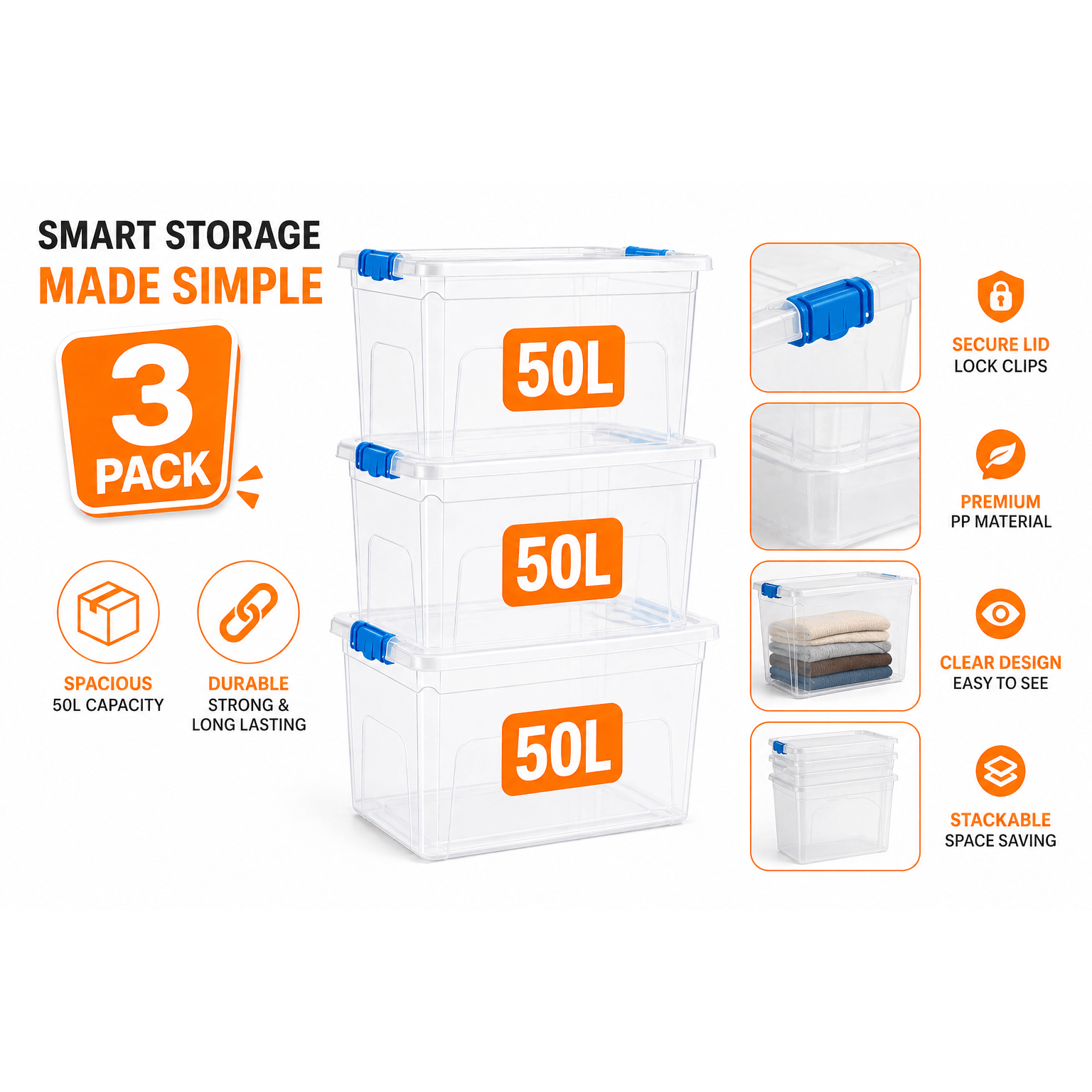 3 x 50L Plastic Storage Boxes with Lids & Clips