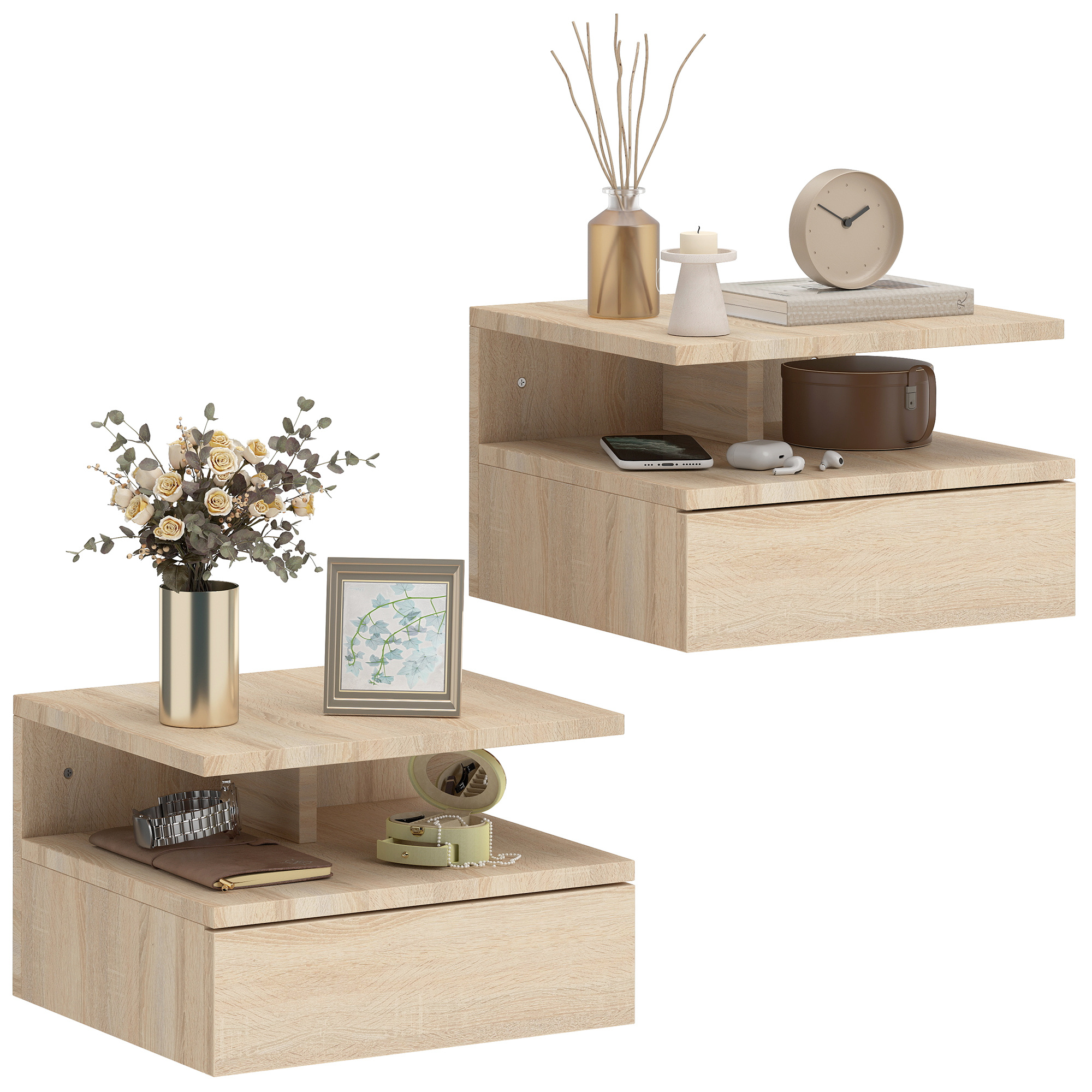 TEMU Lot de 2 tables de chevet murales, tables de nuit suspendues avec tiroir coulissant, compartiment ouvert, plateau, style moderne, pour chambre à