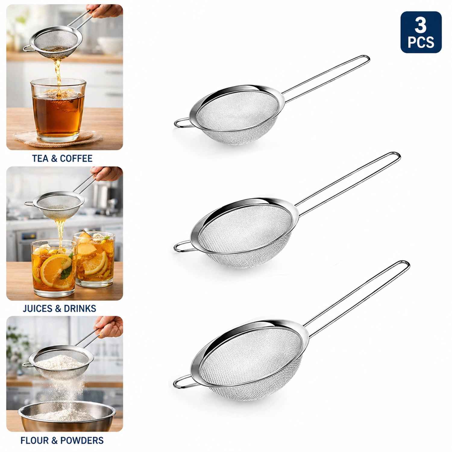 TEMU Aex Stainless Steel Fine Mesh Strainer Set 3pcs Kitchen Sieves For Sifting Draining Cooking