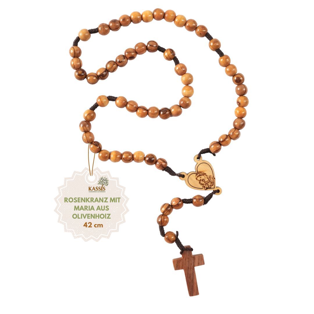 Olive Wood Rosary With Heart And Chain As A Gift For Baptism, Communion & Confirmation From Bethlehem