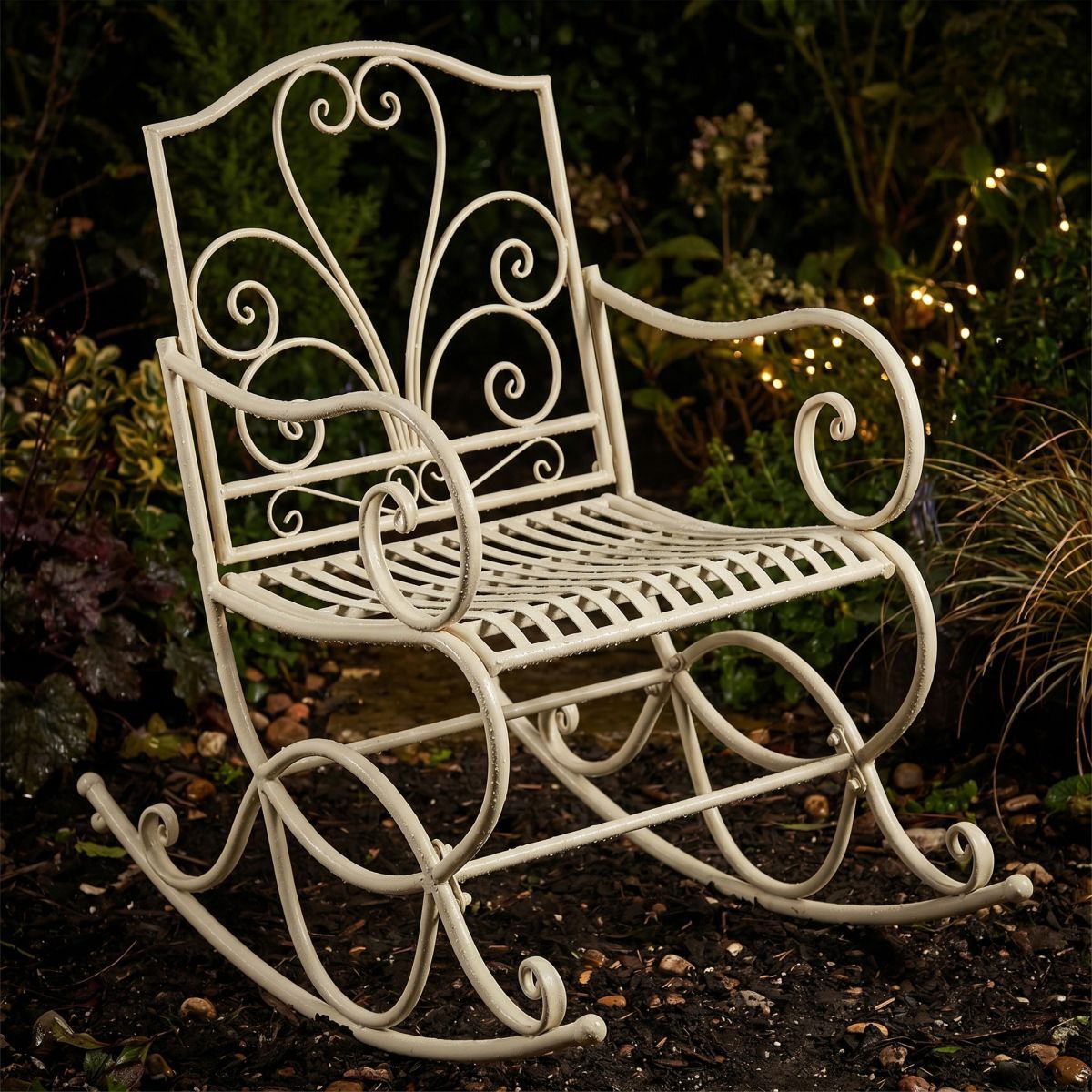 Image of Iron Rocking Chair In Vintage White. Garden Chair. Patio Rocking Chair. Balcony Chair