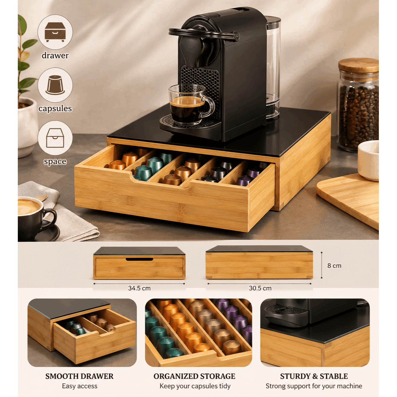 TEMU Porte capsules en bambou de place cuisine - Support machine à café avec tiroir bois