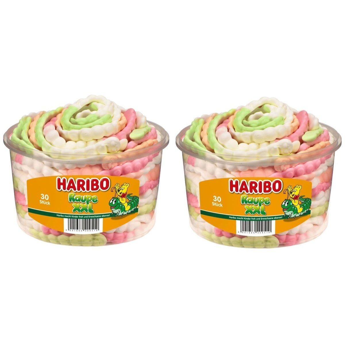 Image of 2 Cans Of Haribo Caterpillar Xxl 30 Extra-long Foam Sugar Caterpillars. No Artificial Colors (2 X 960g)
