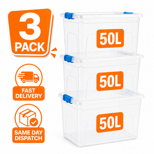 manodu 3 x 50l plastic storage boxes with lids clips clear heavy duty home organiser boxes for clothes toys bedding garage 50 litres pack of 3 fast from uk seller bulk buy